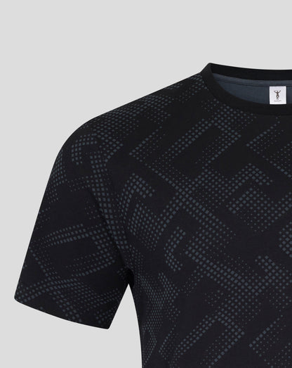 Close up of navy Harlequins men's short sleeve pajama top with a geometric square pattern