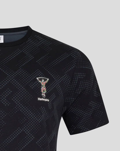Front view of navy Harlequins pajama top with dotted geometric print and Harlequins logo on chest