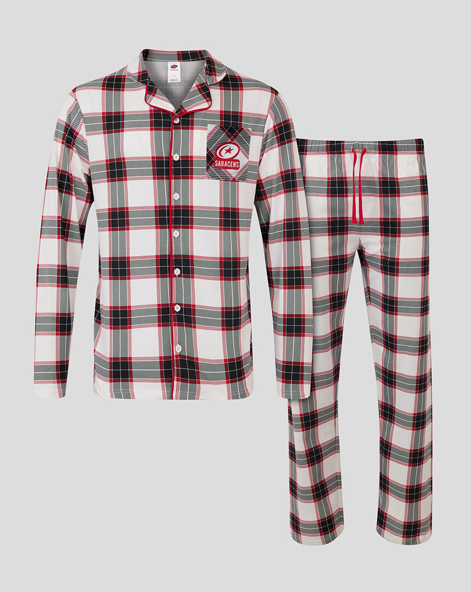 Saracens men's long plaid pajama set with button front shirt and matching pants featuring a chest logo patch