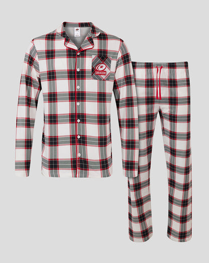 Saracens men's long plaid pajama set with button front shirt and matching pants featuring a chest logo patch
