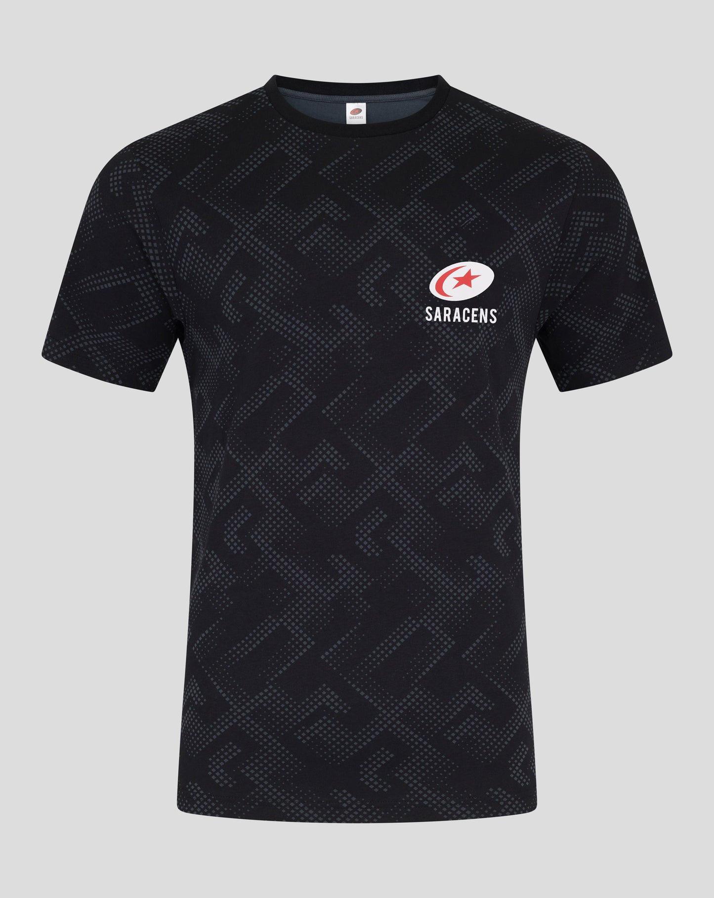 Navy short sleeve T shirt with allover geometric dot pattern and Saracens logo on the left chest