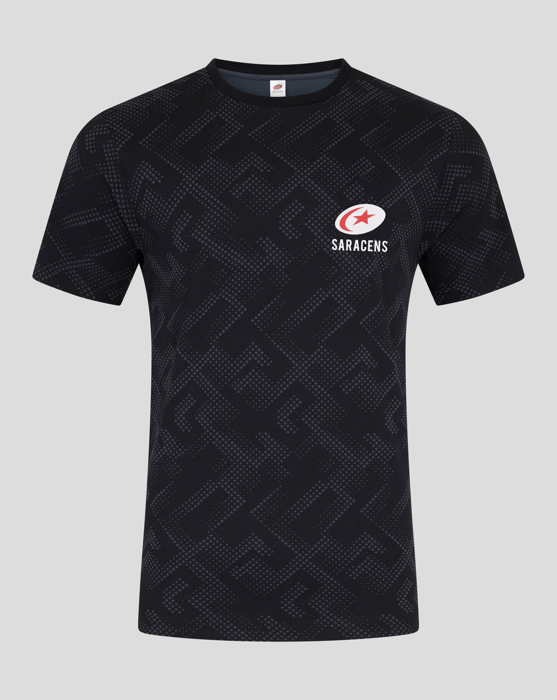 Navy short sleeve T shirt with allover geometric dot pattern and Saracens logo on the left chest