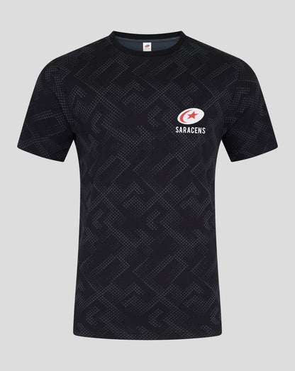 Navy short sleeve T shirt with allover geometric dot pattern and Saracens logo on the left chest