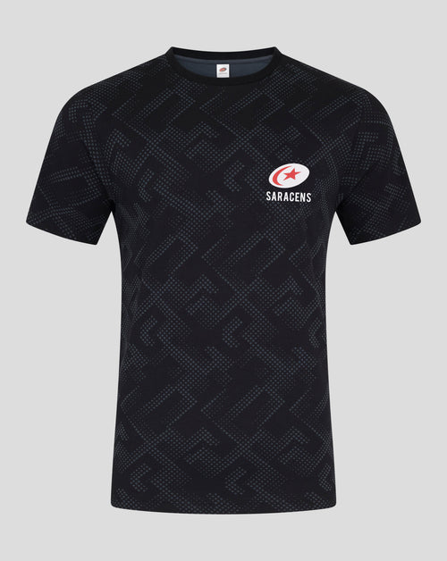 Navy short sleeve T shirt with allover geometric dot pattern and Saracens logo on the left chest