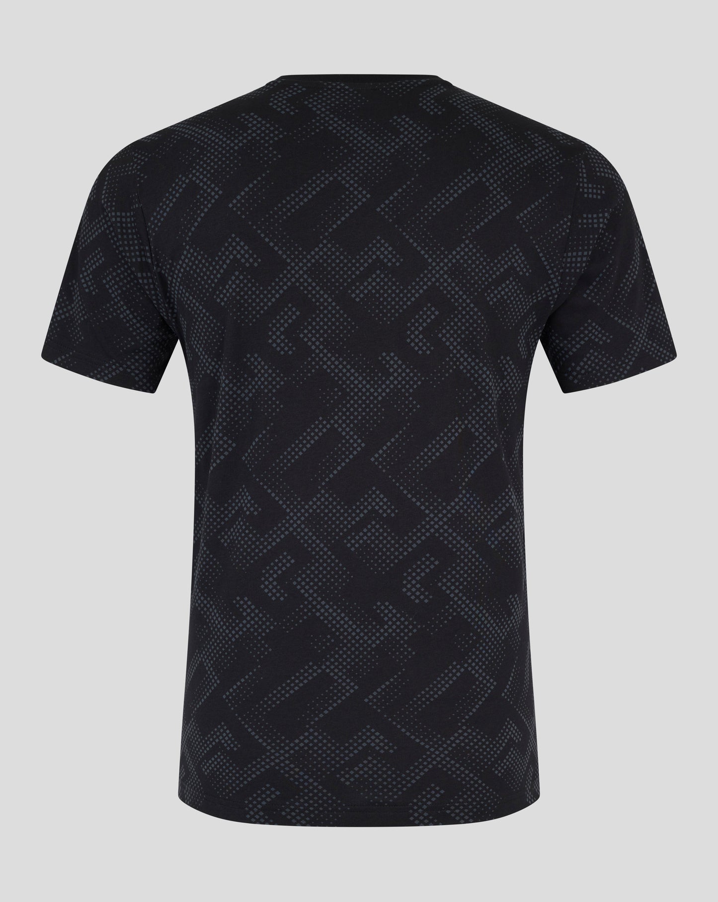 Back view of a dark navy Saracens T shirt with blue geometric pattern.