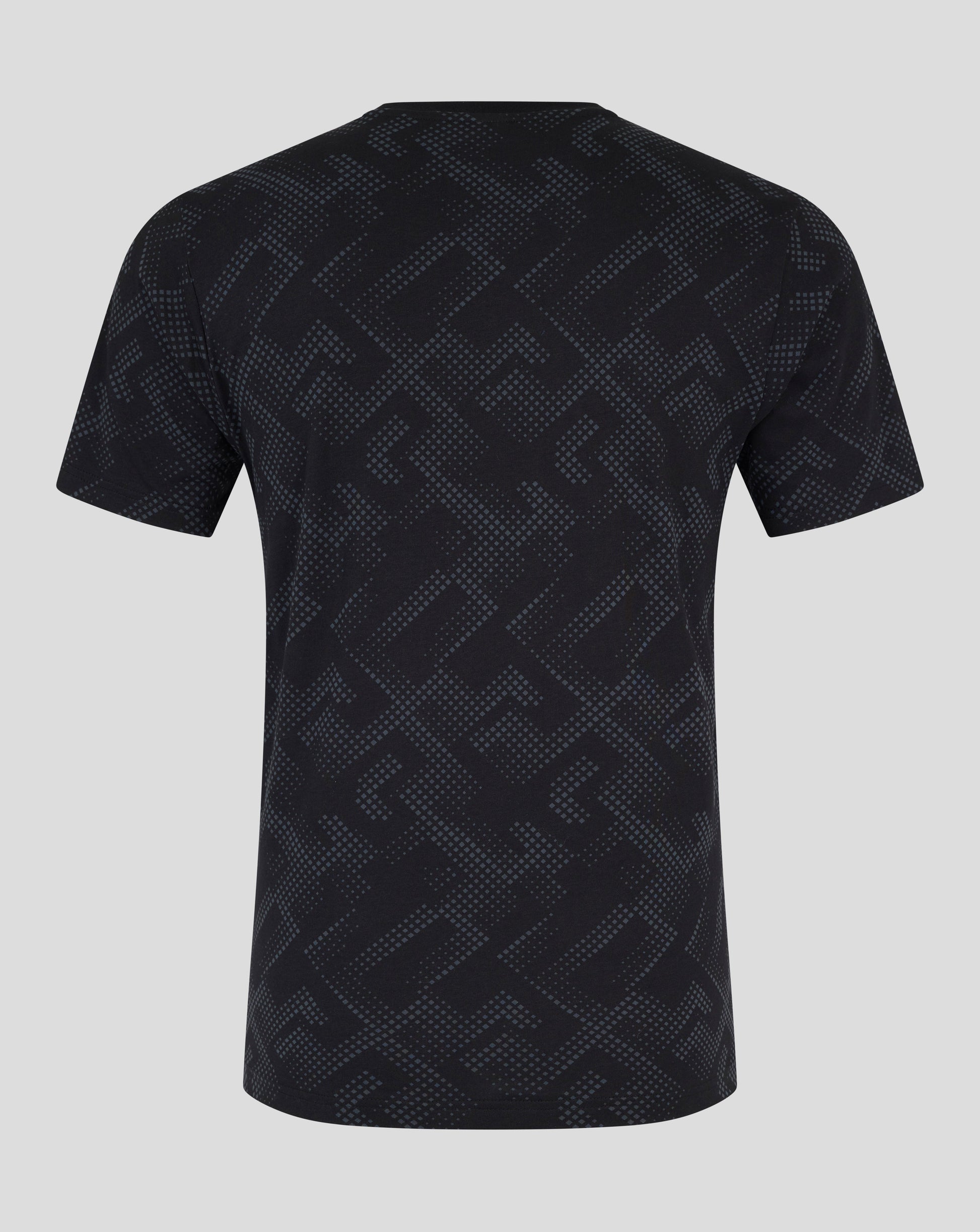 Back view of a dark navy Saracens T shirt with blue geometric pattern.