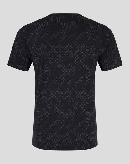 Back view of a dark navy Saracens T shirt with blue geometric pattern.