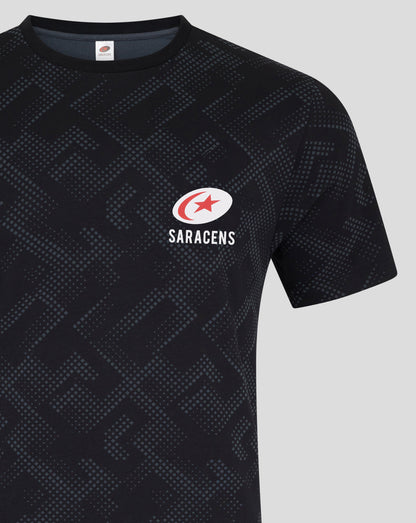 Front view of black shorts showing the Saracens logo near the lower left leg and the dotted pattern