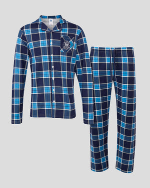Bath Rugby blue plaid long sleeve pajama set with crest on the chest and matching pants