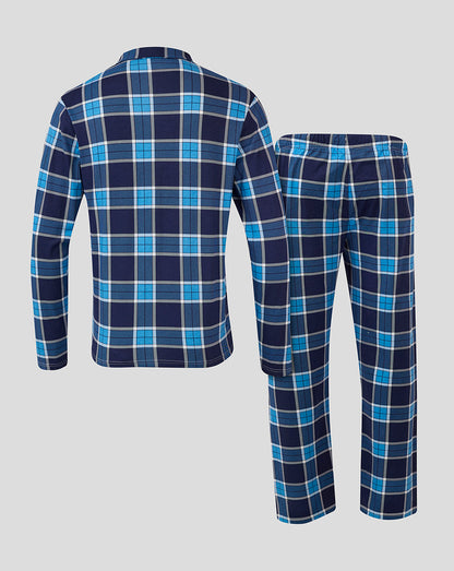 Back view of Bath Rugby blue plaid long sleeve pajama top and matching pants
