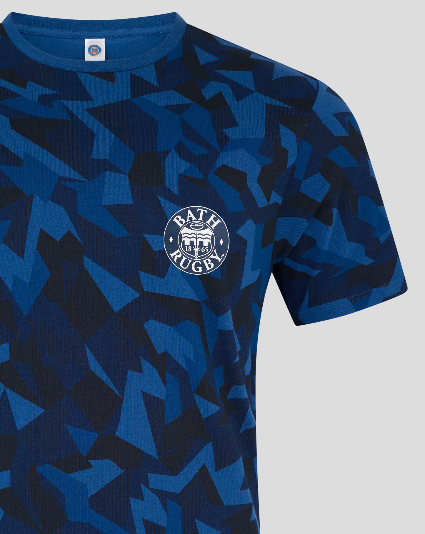 Bath Rugby Infant Short Pyjama Set in blue geometric print with crests on chest and left thigh