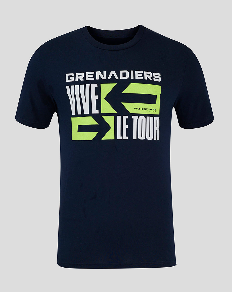 Navy unisex T shirt with bold Neon lime Vive Le Tour graphic across the chest