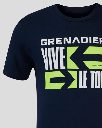 Front view of navy Vive Le Tour 2024 T-shirt with bold lime graphics.