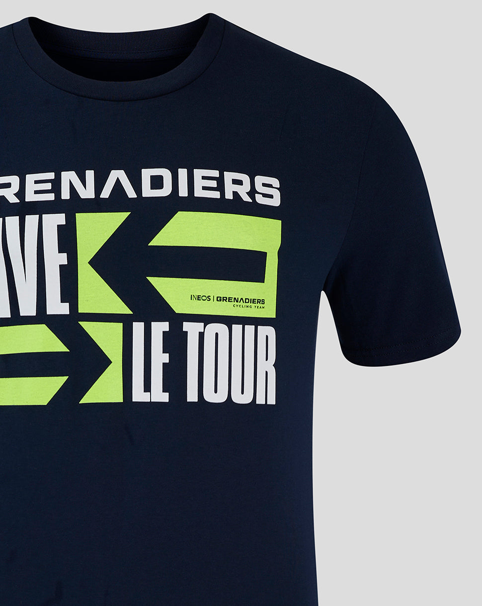 Navy T shirt close up with large lime green graphic and Grenadiers branding