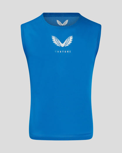 Blue junior training bib with white Castore wing logo and perforated mesh fabric