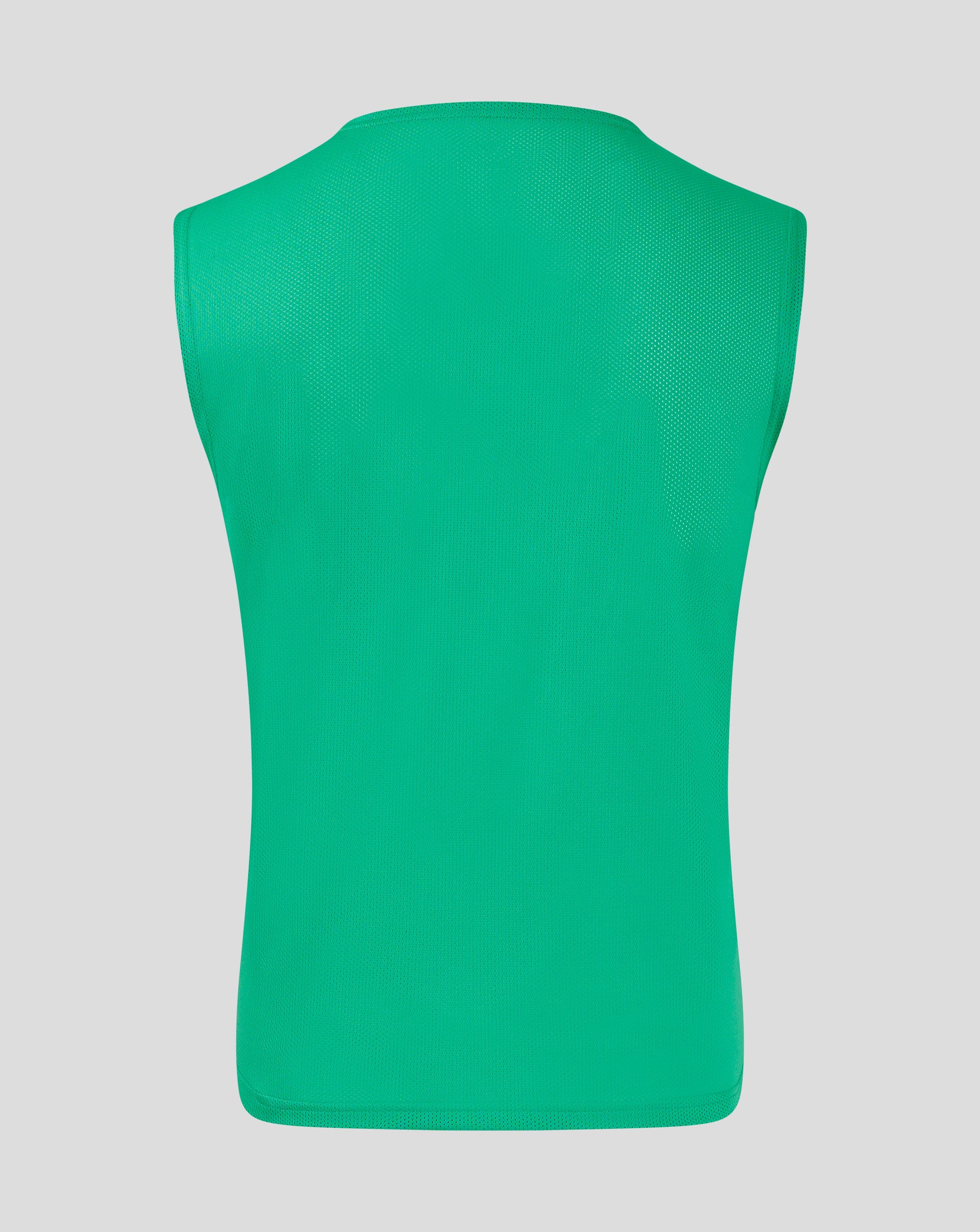 Back view of green unisex training bib showing breathable mesh fabric and armhole binding
