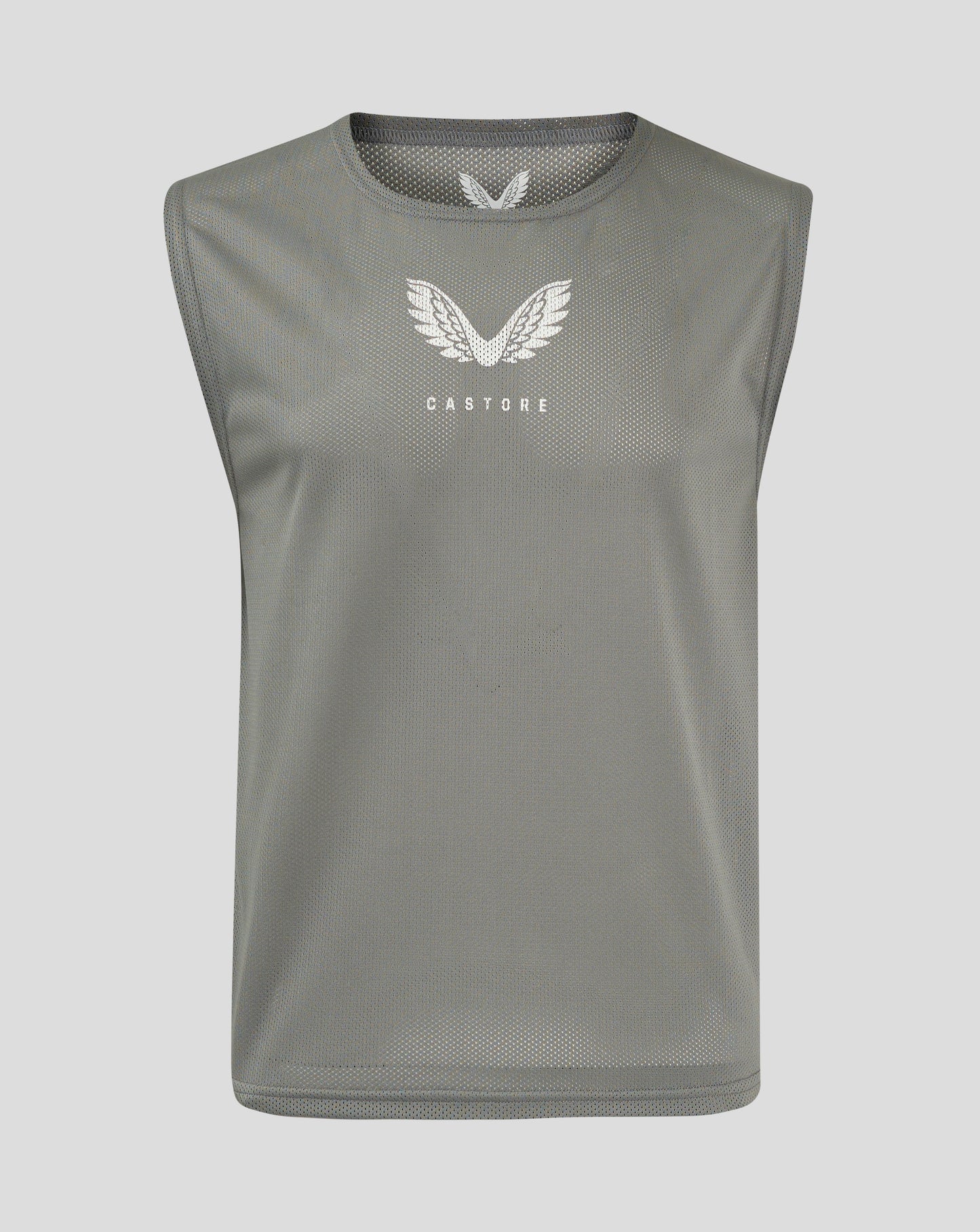 Unisex sharkskin gray mesh training bib with white Castore logo centered on chest
