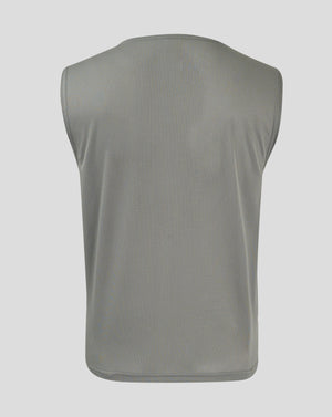 Back view of gray sharkskin junior training bib showing breathable mesh texture and curved hem