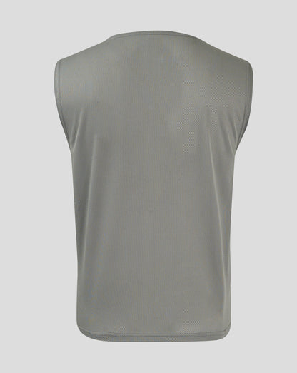 Back view of gray sharkskin junior training bib showing breathable mesh texture and curved hem