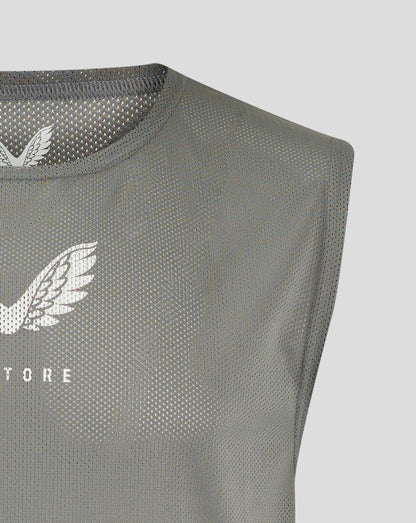 Neckline and shoulder seam on sharkskin training bib with self fabric scoop neck
