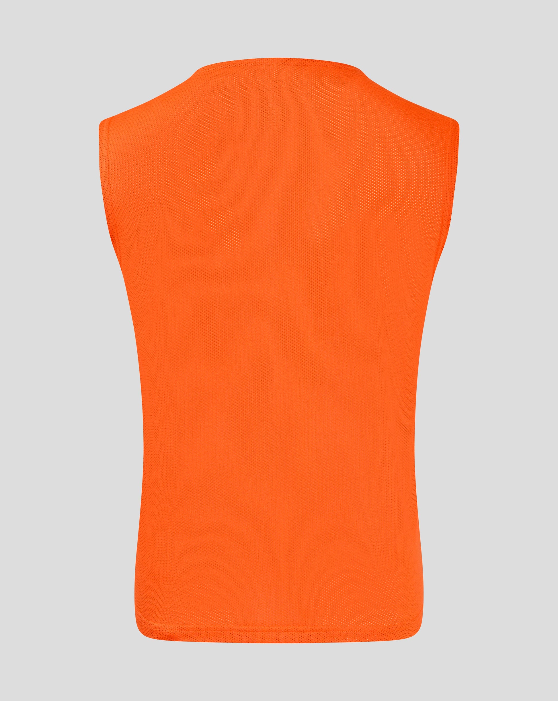 Back view of bright orange junior training bib showcasing breathable mesh fabric