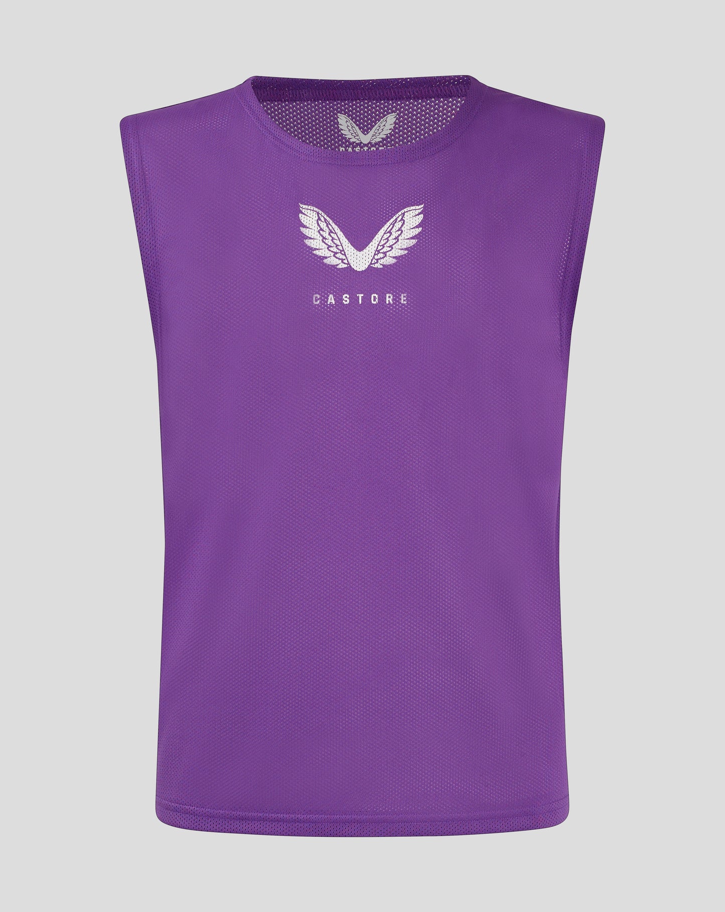 Purple unisex training bib with white Castore logo featuring wings on the chest