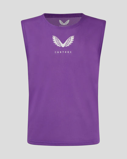 Purple unisex training bib with white Castore logo featuring wings on the chest