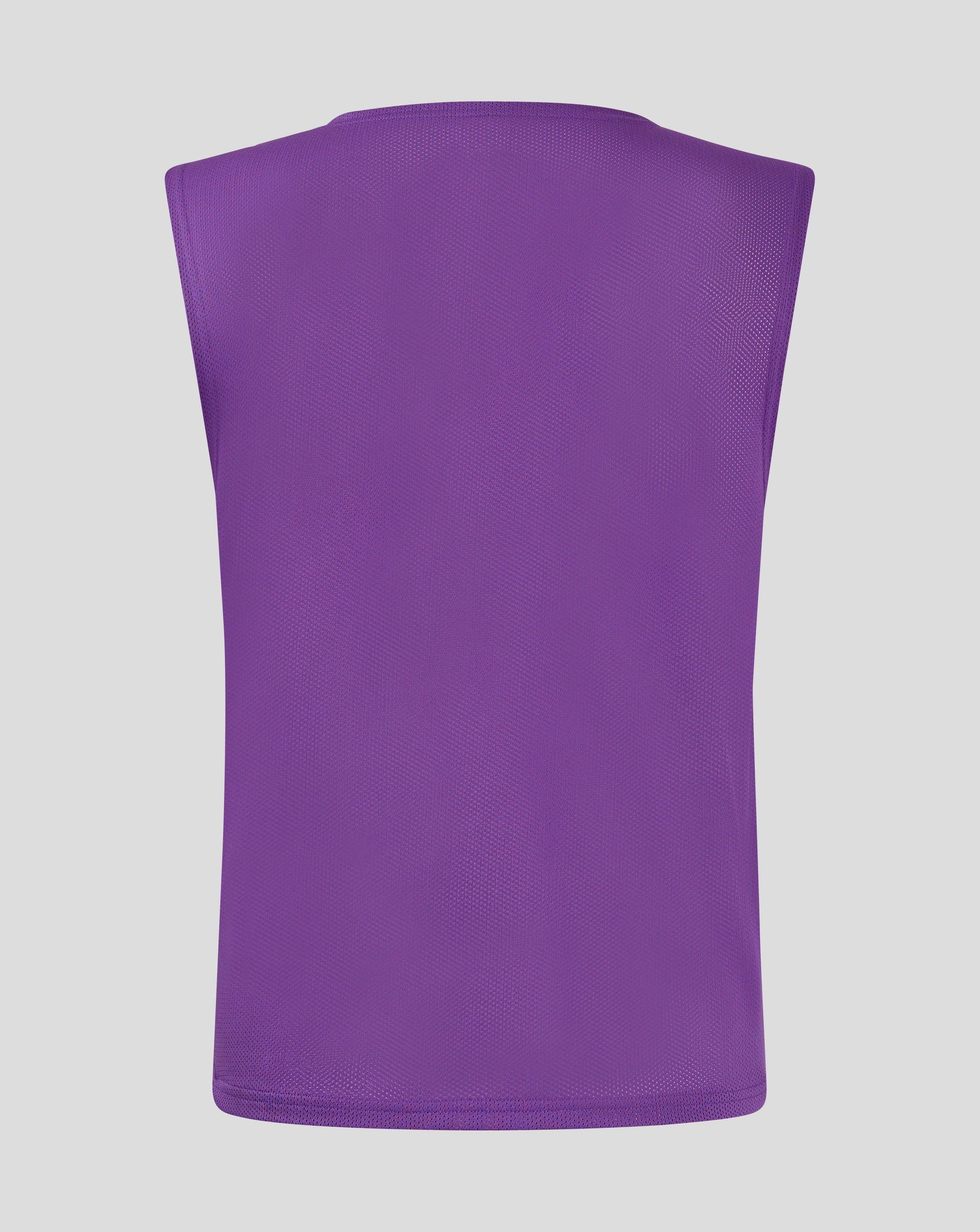 Back view of purple unisex training bib showing bound neckline and mesh interior
