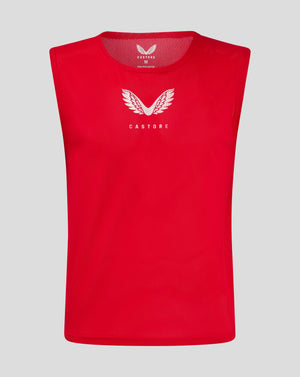 Front view of red junior training bib with white Castore wing logo on chest.