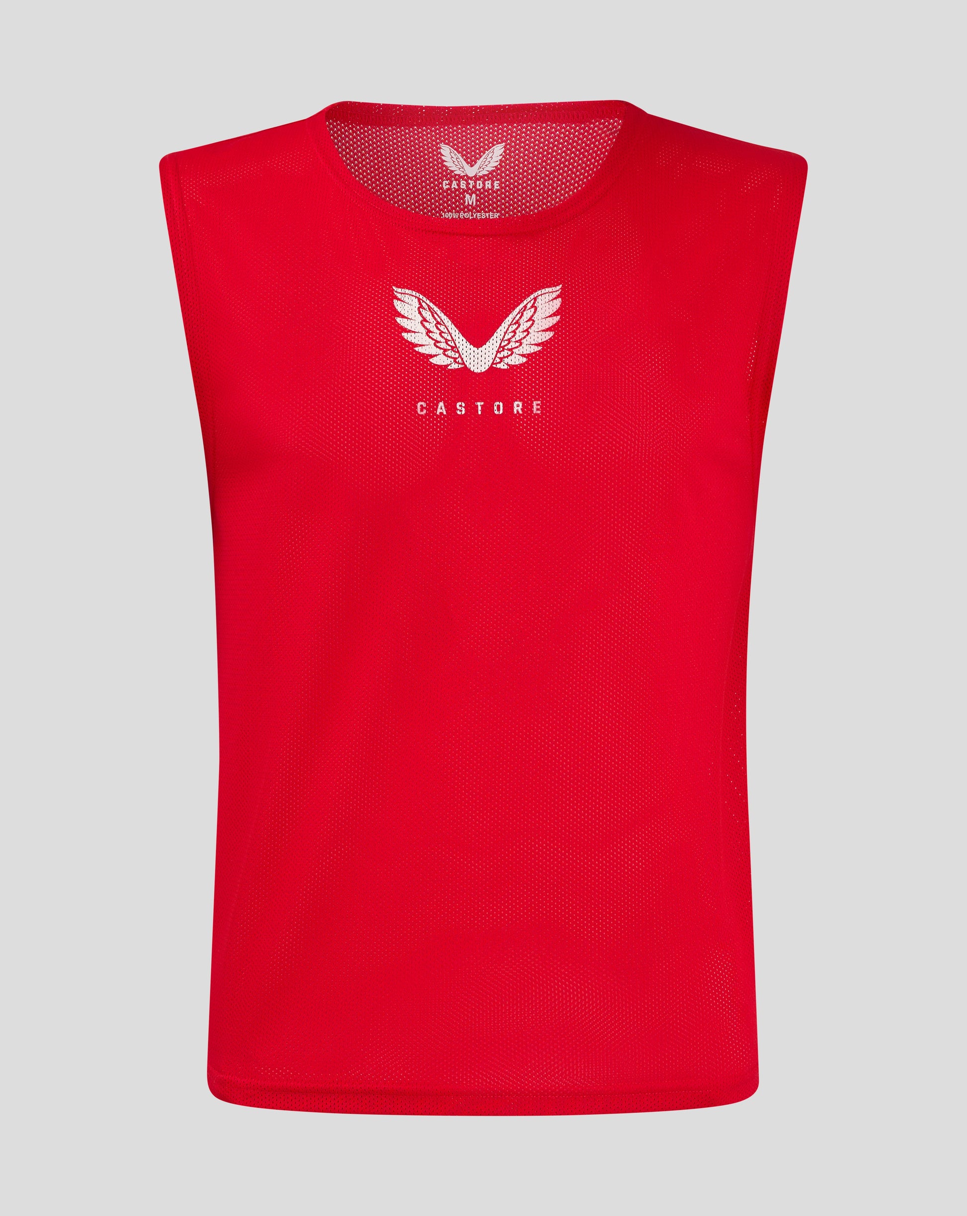 Red unisex training bib with scoop neckline mesh and white Castore logo on the front