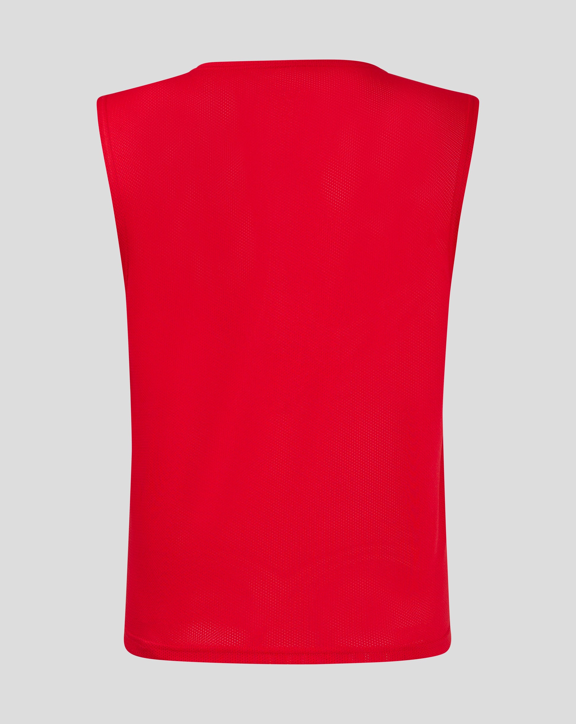 Red unisex training bib viewed from back with scoop neckline mesh fabric and Castore logo