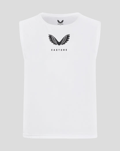 Front view of white sleeveless training bib with scoop neckline and large black wing logo on the chest