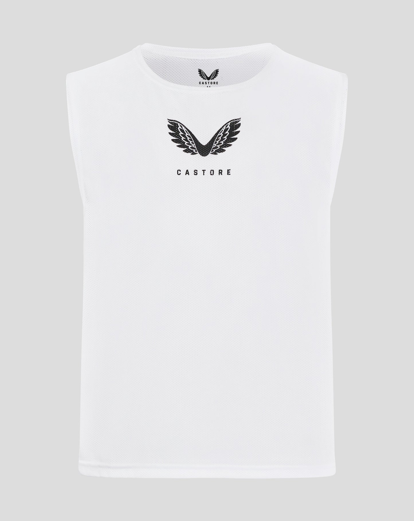 White Junior Training Bib with mesh fabric a scoop neckline and Castore logo centered on the chest