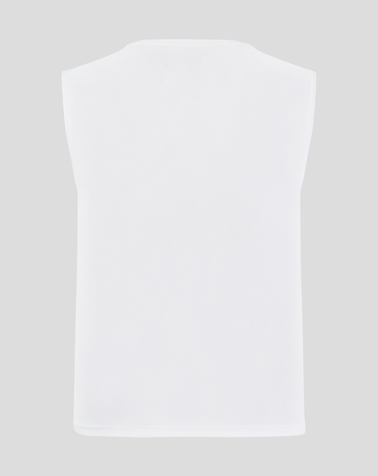 Back view of white mesh junior training bib with curved neckline