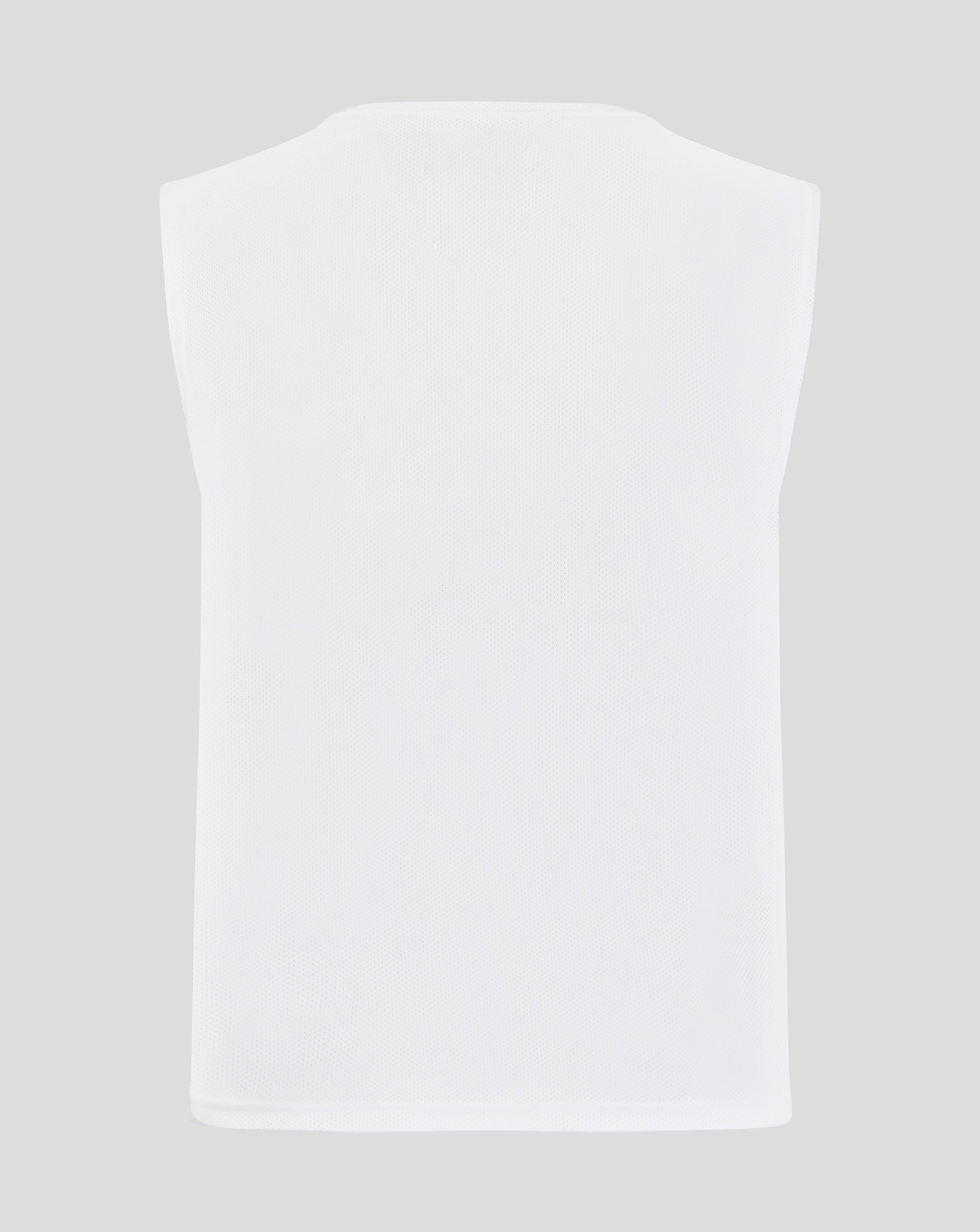 Back view of white mesh junior training bib with curved neckline