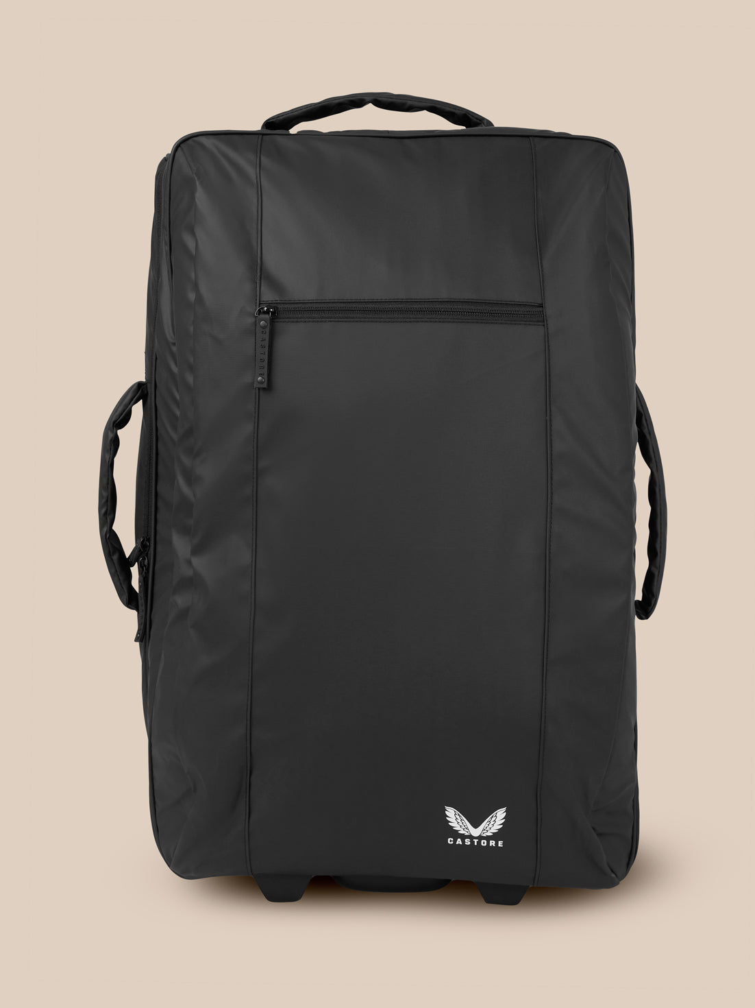 Black Active Small Wheelie Bag front view with front zip pocket and Castore logo at the base.