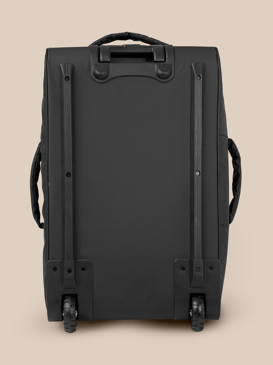 Rear view of black two-wheeled wheelie bag showing wheels and vertical securing rails.
