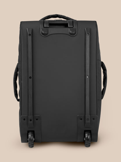Rear view of black two-wheeled wheelie bag showing wheels and vertical securing rails.