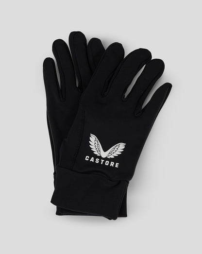 Black Castore gloves with white logo laid flat on a light background.