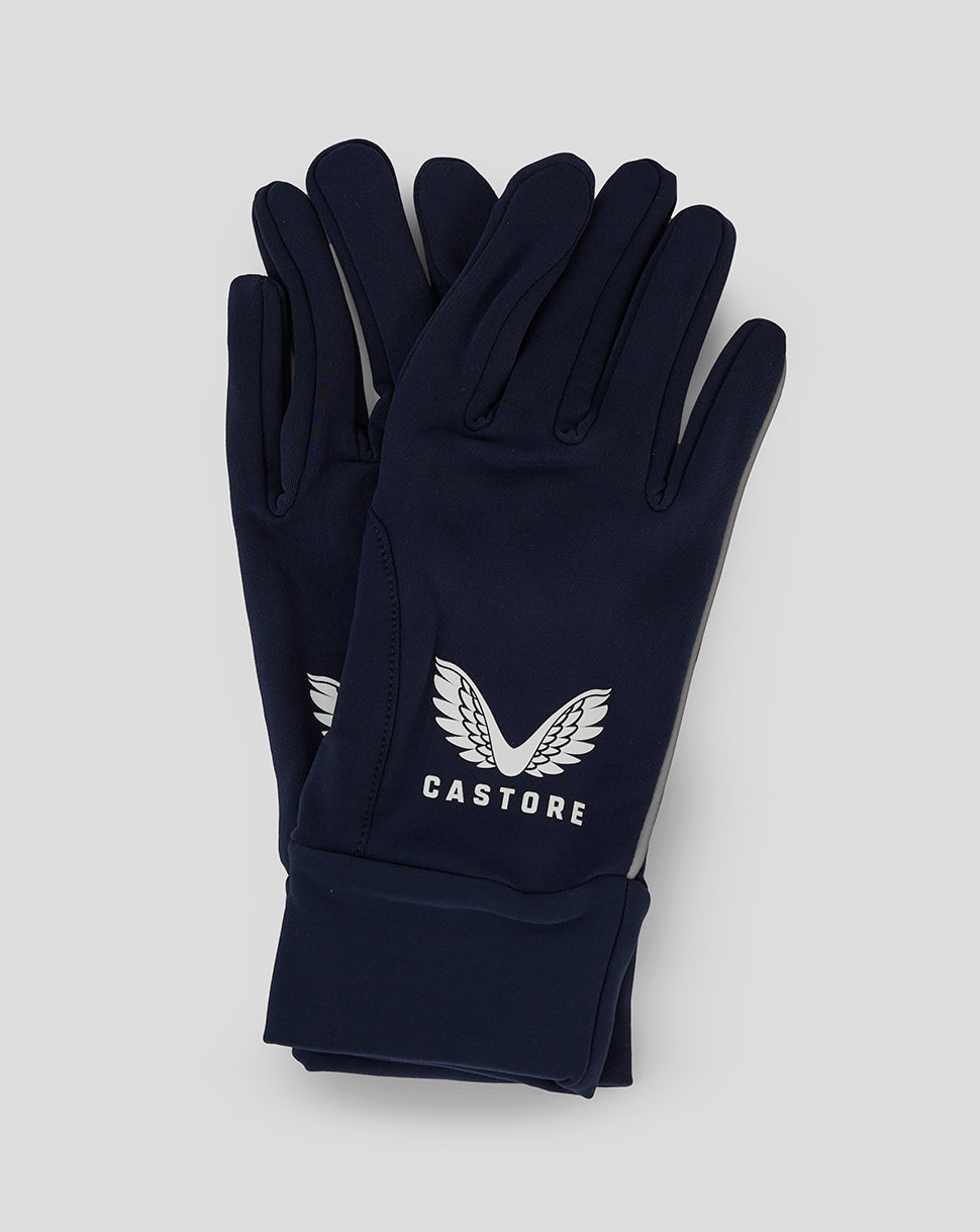 Navy Castore gloves with white Castore logo on the back of the hand