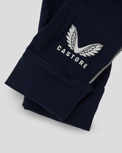Close up of navy Castore glove cuff displaying white wing logo