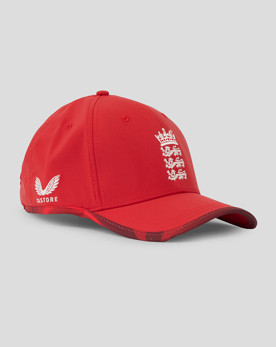 Red England cap with white Three Lions crest on the front and Castore logo on the side, angled view