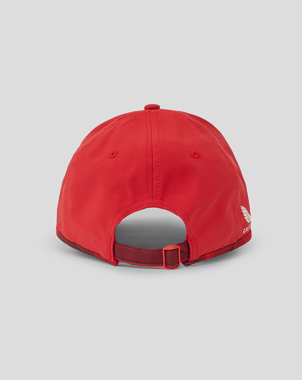 Back view of red England cricket cap with adjustable strap and small white crest on the side