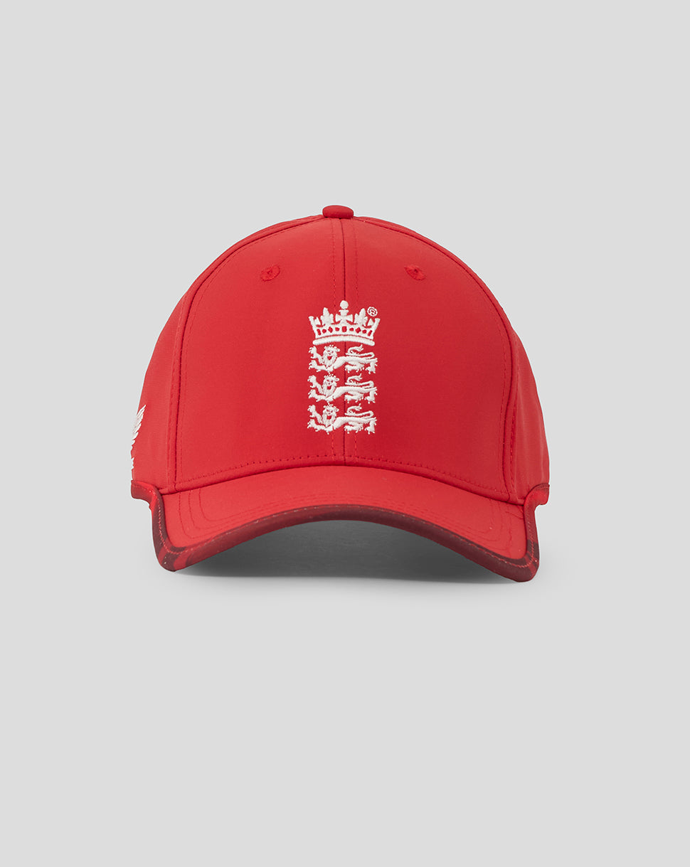 Red cap with a white emblem on a light gray background