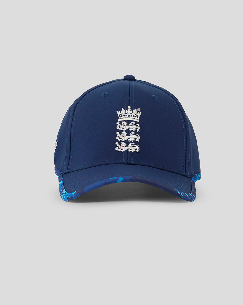 Front view of navy England ODI cap with white Three Lions crest and blue camo brim