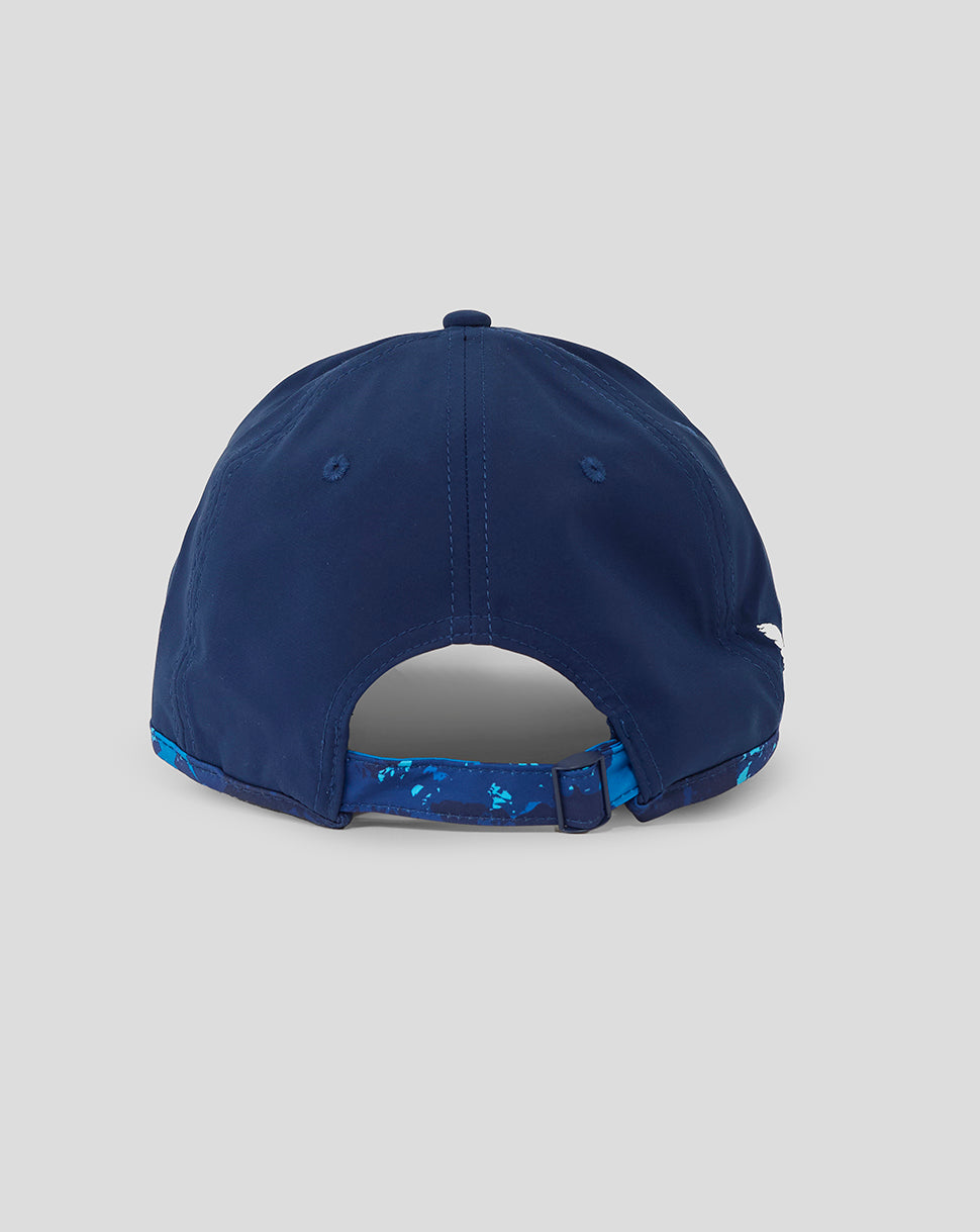 Rear view of navy England ODI cap showing adjustable buckle strap and blue camo brim edge