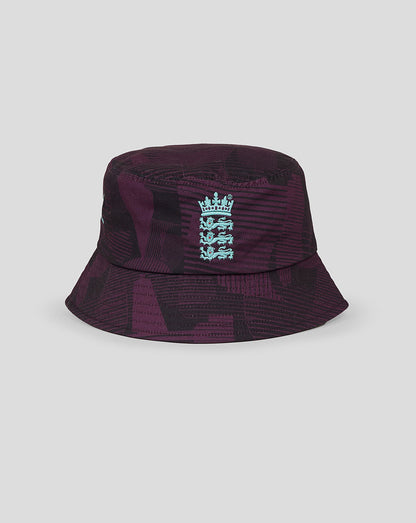 Purple camouflage England cricket bucket hat with teal Three Lions crest on the front