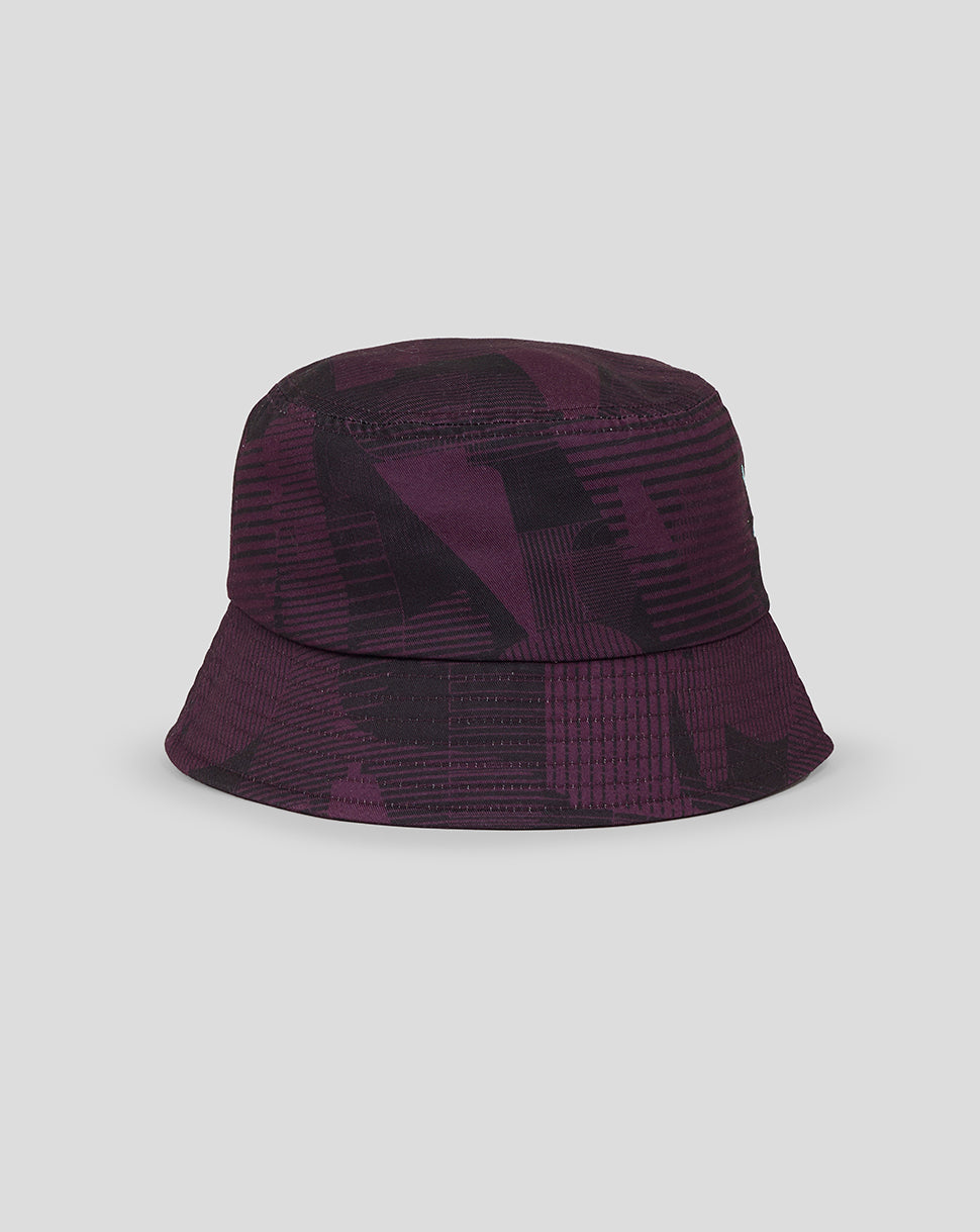 England cricket bucket hat in purple camouflage print with teal Three Lions crest on the front