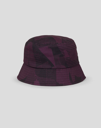 England cricket bucket hat in purple camouflage print with teal Three Lions crest on the front