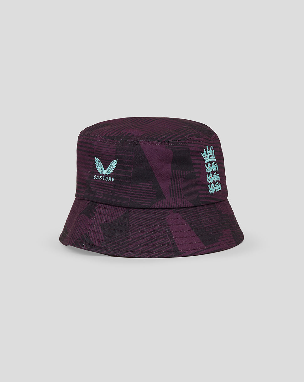 Purple camouflage England cricket bucket hat showing teal Castore logo on the side and Three Lions crest on the front